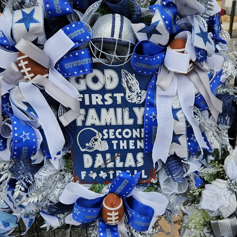 Dallas Football Themed Wreath with Blue and Silver Accents